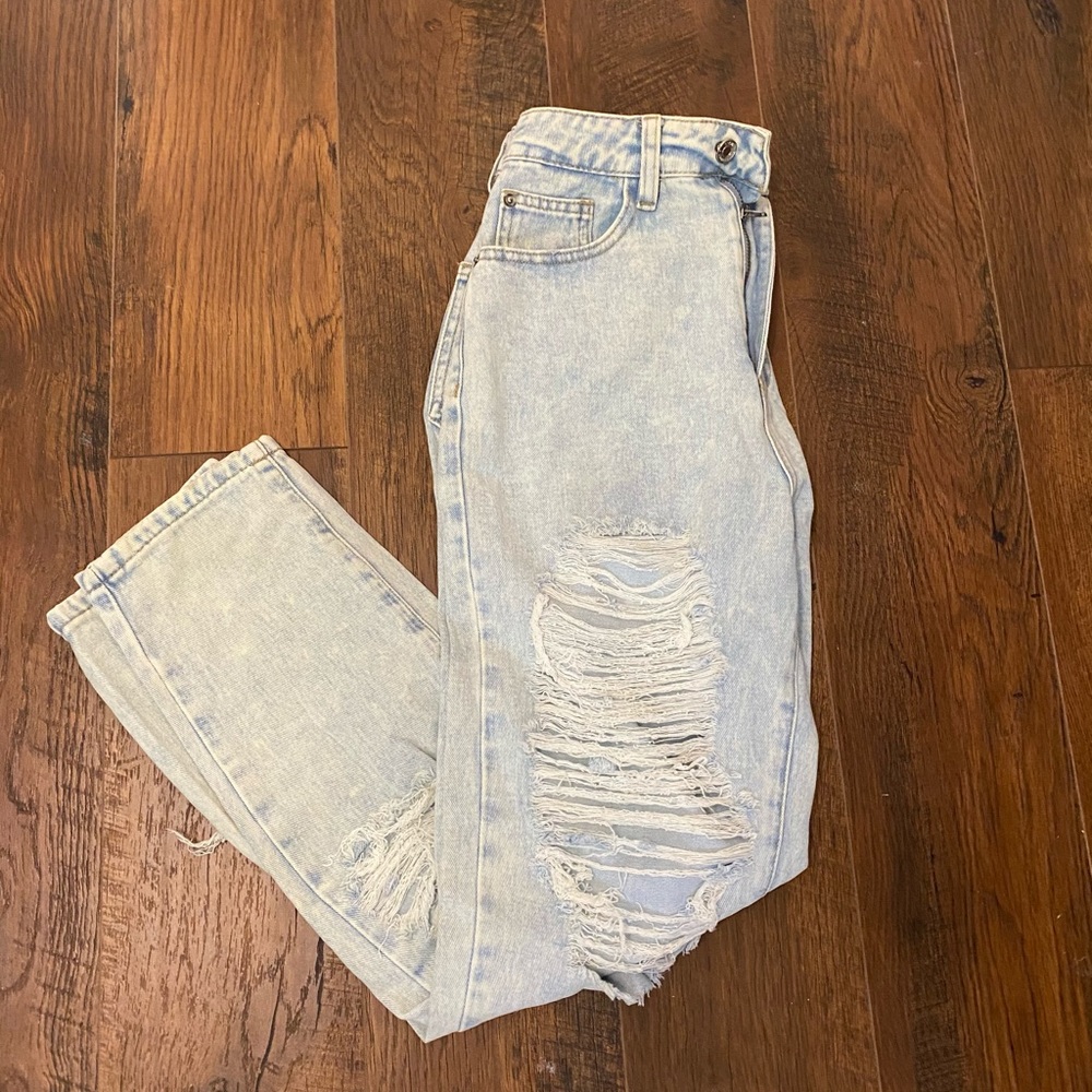 Misguided light wash high rise ripped mom jeans